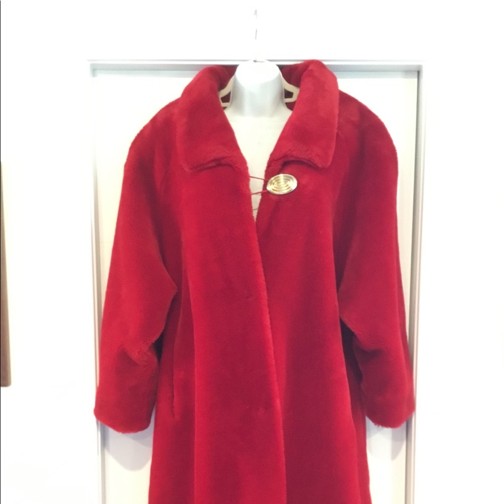 London Fog Red Faux Fur Trench Coat with Gold Clasp